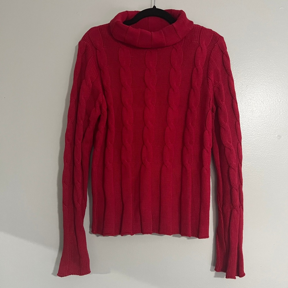 Red Cable Knit Roll‎ Neck Sweater Chunky Fisherman Knit Long Sleeve Pullover